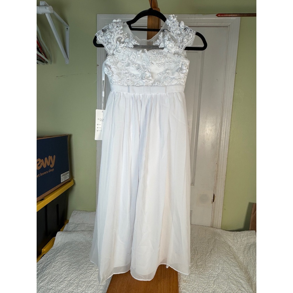 White Lace Flower Girl Dress 3D Floral Pearl Accents Formal Event Size 6